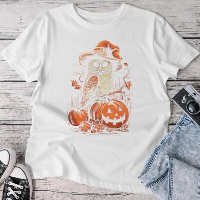 Owl Witch Hat On Pumpkin Halloween Dark Academia Witchy Unisex T-shirt Cotton Tee