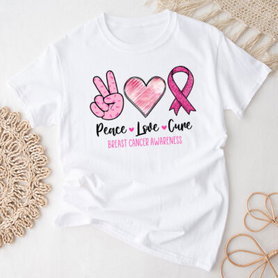 Peace Love Cure Pink Ribbon Cancer Breast Awareness Unisex T-Shirt Cotton Tee TFN1017