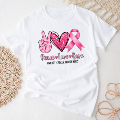 Peace Love Cure Pink Ribbon Cancer Breast Awareness Unisex T-Shirt Cotton Tee TFN1018