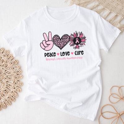 Peace Love Cure Pink Ribbon Cancer Breast Awareness Unisex T-Shirt Cotton Tee TFN1019