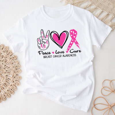 Peace Love Cure Pink Ribbon Cancer Breast Awareness Unisex T-Shirt Cotton Tee TFN1021