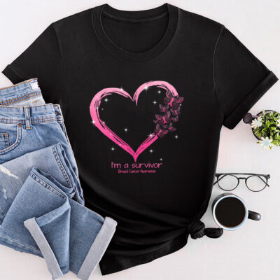 Pink Butterfly Heart I'm A Survivor Breast Cancer Awareness Unisex T-Shirt Cotton Tee TFN1197