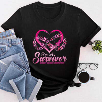 Pink Butterfly Heart I'm A Survivor Breast Cancer Awareness Unisex T-Shirt Cotton Tee TFN1199