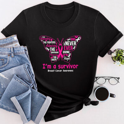 Pink Butterfly Heart I'm A Survivor Breast Cancer Awareness Unisex T-Shirt Cotton Tee TFN1200