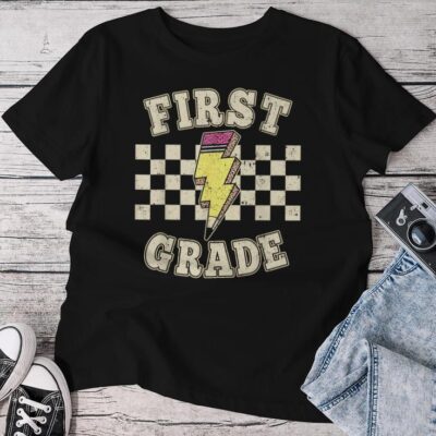 Retro 1St First Grade Teacher Lightning Bolt Pencil Teacher Unisex T-shirt Cotton Tee