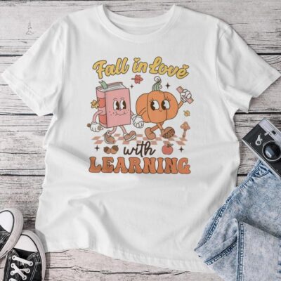 Retro Fall In Love Learning Teacher Pumpkin Spooky Teacher Unisex T-shirt Cotton Tee