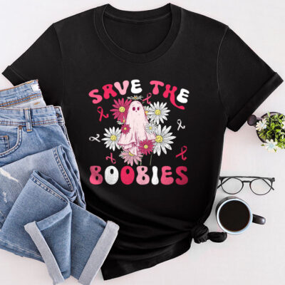 Save The Boobies Ghost Halloween Pink Ribbon Breast Cancer Unisex T-Shirt Cotton Tee TFN1079