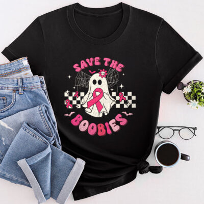 Save The Boobies Ghost Halloween Pink Ribbon Breast Cancer Unisex T-Shirt Cotton Tee TFN1080