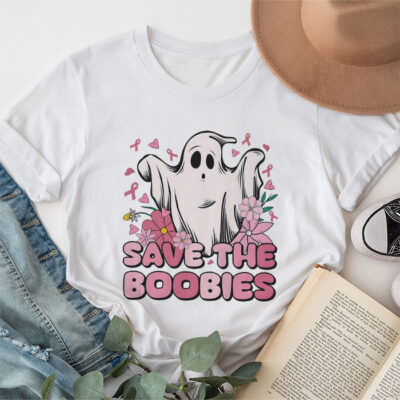 Save The Boobies Ghost Halloween Pink Ribbon Breast Cancer Unisex T-Shirt Cotton Tee TFN1081