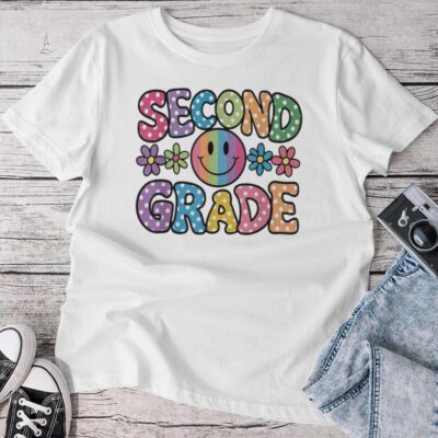 Second Grade Dots Happy First Day Of School Groovy Unisex T-shirt Cotton Tee
