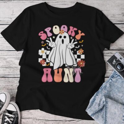 Spooky Aunt Floral Ghost Hippie Halloween Spooky Family Unisex T-shirt Cotton Tee