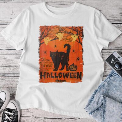 Spooky Black Cat Ghosts Halloween Unisex T-shirt Cotton Tee