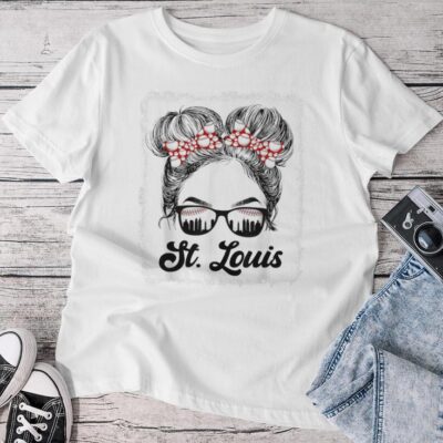 St Louis Retro Baseball Love Messy Bun Girl Met At Game Day Unisex T-shirt Cotton Tee