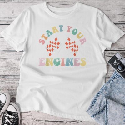 Start Your Engines Retro Groovy Checkered Flag Race Car Girl Unisex T-shirt Cotton Tee