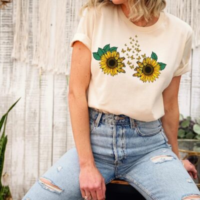 Sunflower Butterfly Shirt Floral Botanical Love Nature Gardener Gift Tee EST1112