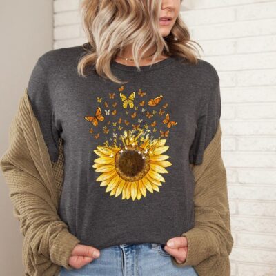 Sunflower Butterfly Shirt Floral Mothers Day Botanical Gift Tee EST1050