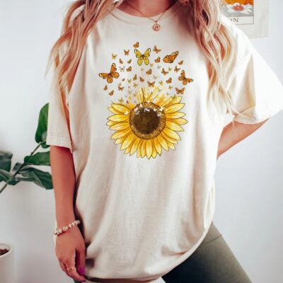 Sunflower Butterfly Shirt Floral Mothers Day Botanical Gift Tee EST2050