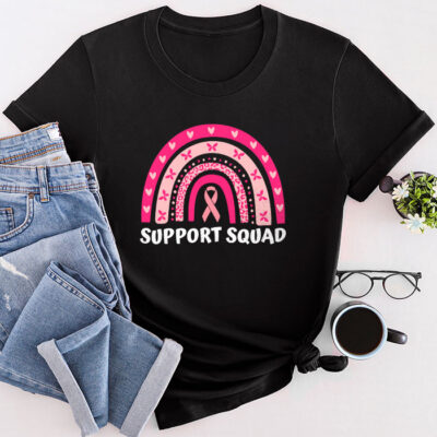 Support Squad Breast Cancer Awareness Survivor Pink Rainbow Unisex T-Shirt Cotton Tee TFN1158