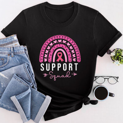 Support Squad Breast Cancer Awareness Survivor Pink Rainbow Unisex T-Shirt Cotton Tee TFN1159