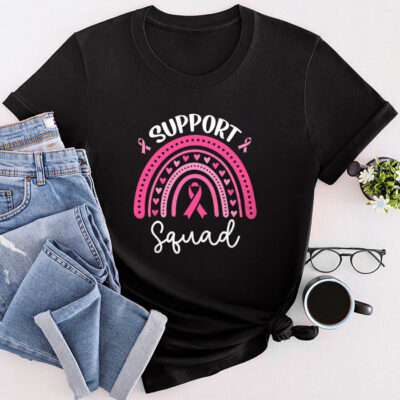 Support Squad Breast Cancer Awareness Survivor Pink Rainbow Unisex T-Shirt Cotton Tee TFN1161