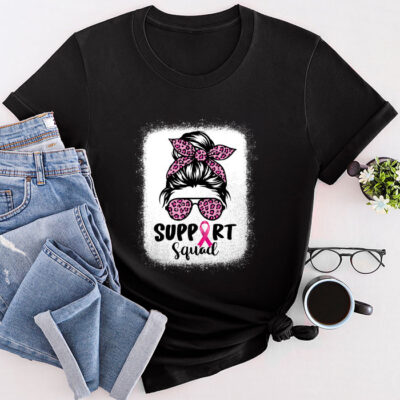 Support Squad Messy Bun Leopard Pink Breast Cancer Awareness Unisex T-Shirt Cotton Tee TFN1008