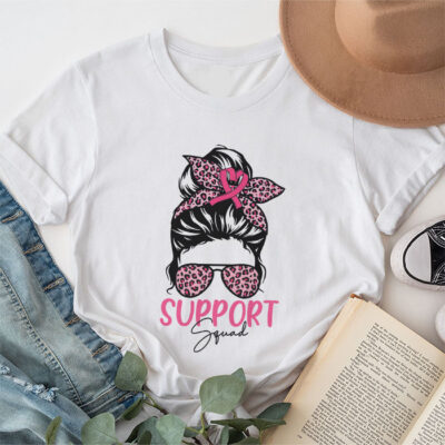 Support Squad Messy Bun Pink Warrior Breast Cancer Awareness Unisex T-Shirt Cotton Tee TFN1205
