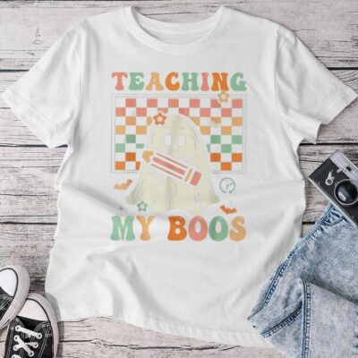 Teacher Cute Ghost Groovy Teacher Halloween Teaching My Boos Unisex T-shirt Cotton Tee
