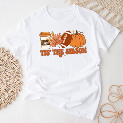 Tis The Season Pumpkin Leaf Latte Fall Thanksgiving Football Unisex T-Shirt Cotton Tee TFN1322