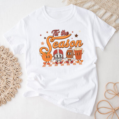 Tis The Season Pumpkin Leaf Latte Fall Thanksgiving Football Unisex T-Shirt Cotton Tee TFN1323