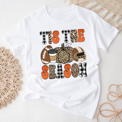 Tis The Season Pumpkin Leaf Latte Fall Thanksgiving Football Unisex T-Shirt Cotton Tee TFN1325