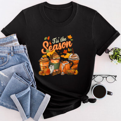 Tis The Season Pumpkin Leaf Latte Fall Thanksgiving Football Unisex T-Shirt Cotton Tee TFN1326