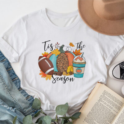 Tis The Season Pumpkin Leaf Latte Fall Thanksgiving Football Unisex T-Shirt Cotton Tee TFN1327