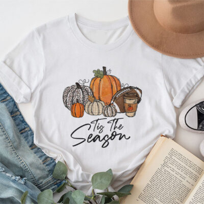 Tis The Season Pumpkin Leaf Latte Fall Thanksgiving Football Unisex T-Shirt Cotton Tee TFN1328