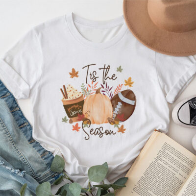 Tis The Season Pumpkin Leaf Latte Fall Thanksgiving Football Unisex T-Shirt Cotton Tee TFN1329