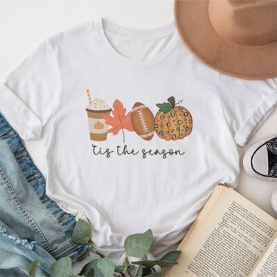 Tis The Season Pumpkin Leaf Latte Fall Thanksgiving Football Unisex T-Shirt Cotton Tee TFN1330