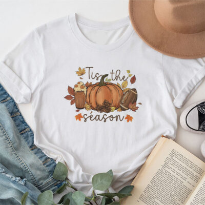 Tis The Season Pumpkin Leaf Latte Fall Thanksgiving Football Unisex T-Shirt Cotton Tee TFN1331