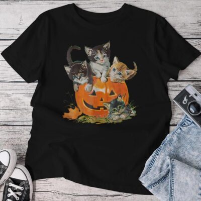 Vintage 90S Cat Pumpkin Halloween Retro Floral Spooky Season Unisex T-shirt Cotton Tee