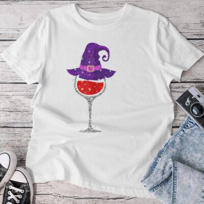Wine Glass Witch Hat Cute Wine Lover Halloween Unisex T-shirt Cotton Tee