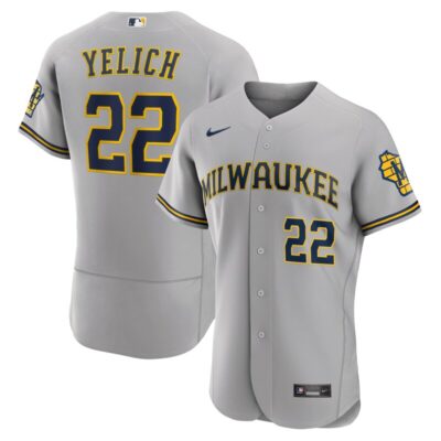 Christian Yelich Milwaukee Brewers Road Player Logo Jersey - Gray