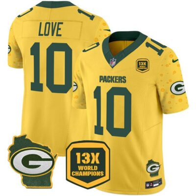 Green Bay Packers #10 Jordan Love Gold 2024 F.U.S.E. 13 Time World Champions And Home Patch Vapor Untouchable Limited Football Stitched Jersey