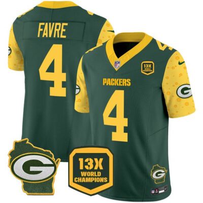 Green Bay Packers #4 Brett Favre Green 2024 F.U.S.E. 13 Time World Champions And Home Patch Vapor Untouchable Limited Football Stitched Jersey