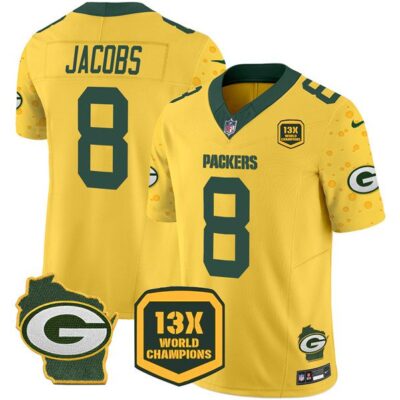 Green Bay Packers #8 Josh Jacobs Gold 2024 F.U.S.E. 13 Time World Champions And Home Patch Vapor Untouchable Limited Football Stitched Jersey