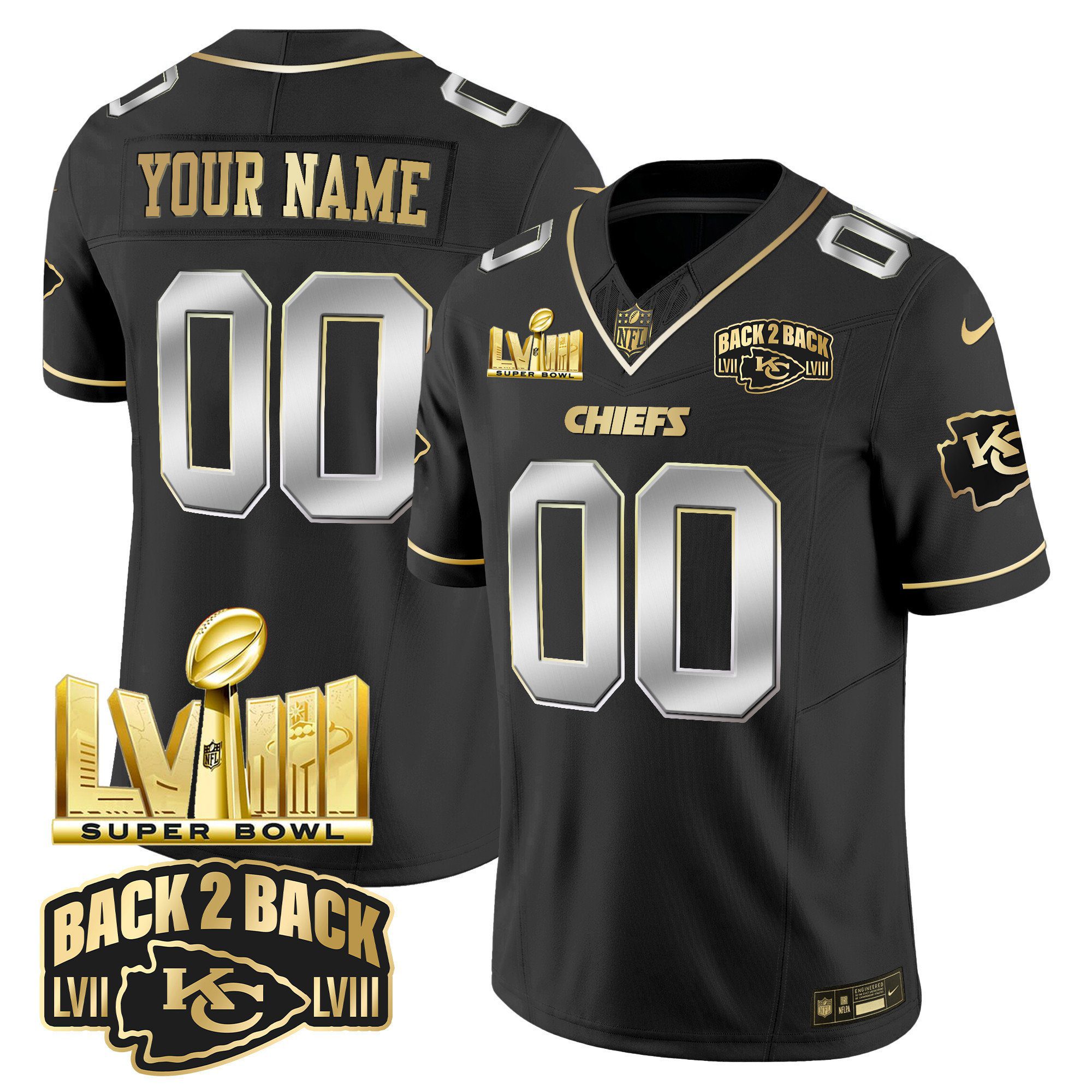 Kansas City Chiefs Super Bowl LVIII & Back 2 Back Gold Patch Vapor Custom Jersey