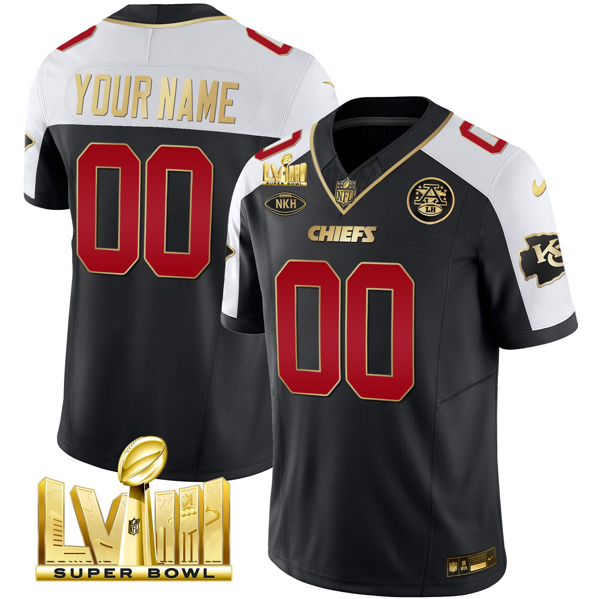 Kansas City Chiefs Super Bowl LVIII Gold Patch Vapor Custom Jersey