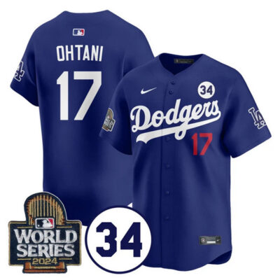 Los Angeles Dodgers #17 Shohei Ohtani Royal 2024 World Series With No. 34 Patch Cool Base Stitched Baseball Jersey