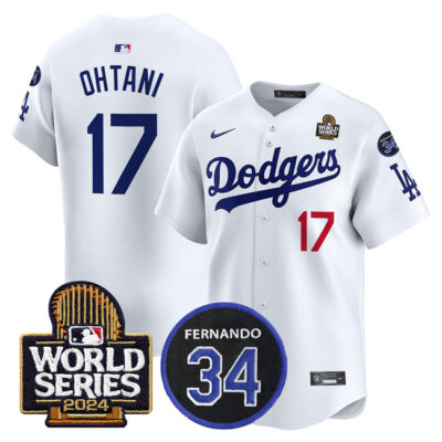 Los Angeles Dodgers #17 Shohei Ohtani White 2024 World Series With Fernando Memorial Patch Limited Stitched Baseball Jersey