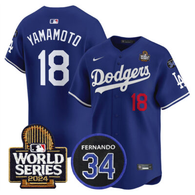 Los Angeles Dodgers #18 Yoshinobu Yamamoto Royal 2024 World Series With Fernando Memorial Patch Limited Stitched Baseball Jersey