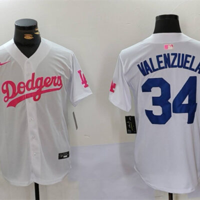 Los Angeles Dodgers #34 Toro Valenzuela White/Pink Vin & Kobe Patch Stitched Baseball Jersey