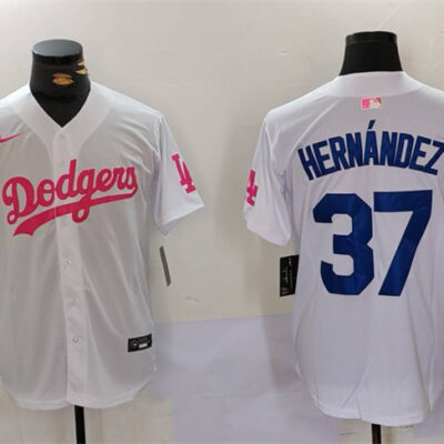 Los Angeles Dodgers #37 Teoscar Hernandez White/Pink Vin & Kobe Patch Stitched Baseball Jersey