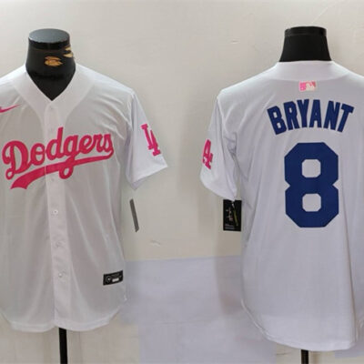 Los Angeles Dodgers #8 Kobe Bryant White/Pink Vin & Kobe Patch Stitched Baseball Jersey
